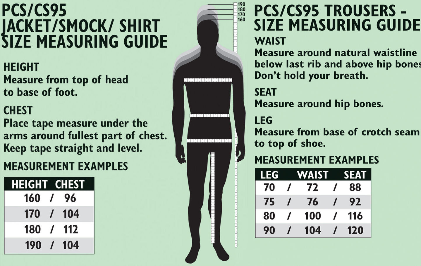 cadet uniform size chart