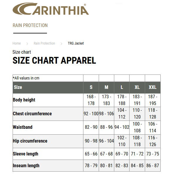 carinthia trg jacket size chart